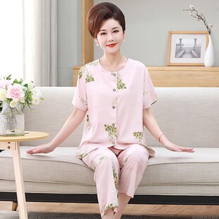 睡衣女夏纯棉棉绸短袖妈妈开衫女装中老年绵绸居家外穿家居服套装