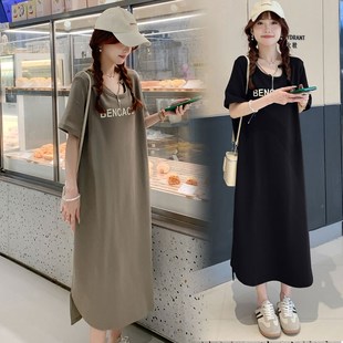 孕妇夏装连衣裙2025新款时尚短袖宽松长款过膝孕妇T恤裙夏季休闲