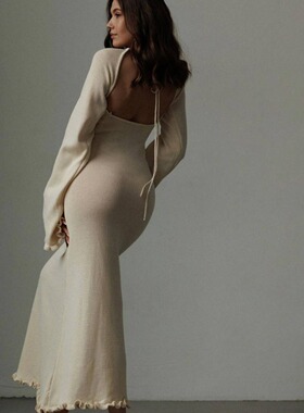 Lace up backless black fungus edge dress系带露背木耳边连衣裙