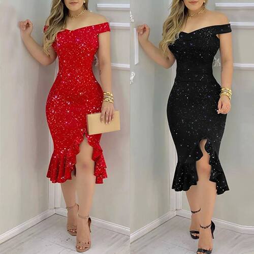 Tight suspender ruffle slit dress 紧身吊带荷叶边开叉连衣裙女