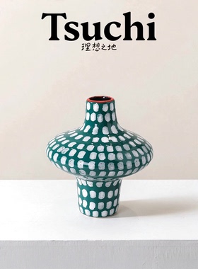 复古孔雀绿手绘白点飞碟陶瓷花瓶