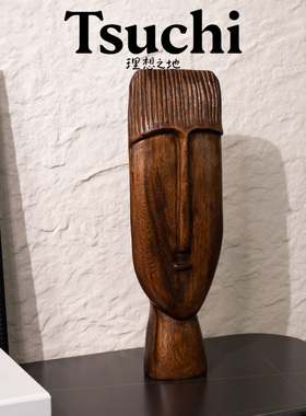 东南亚进口北欧美式乡村桌面装饰创意摆件手工实木雕人面像