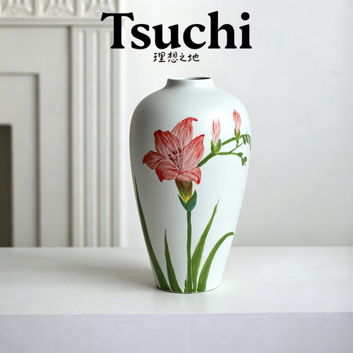 原创孤品手绘萱草哑光素白瓷花瓶新中式客厅玄关插花装饰摆件