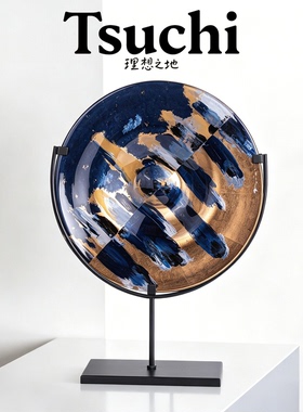 轻奢鎏金手绘玻璃圆盘摆件轻奢艺术客厅玄关桌面样板间高级感摆设