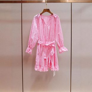 法式 刺繡早秋甜美連衣裙M高端重工精致領(lǐng)新款 V女家粉色荷葉邊系帶