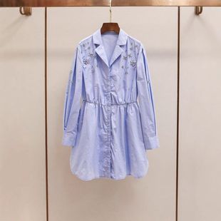 襯衫 法式 長袖 翻領風新款 春季 鑲鉆慵懶女收腰SP通勤家小清新連衣裙