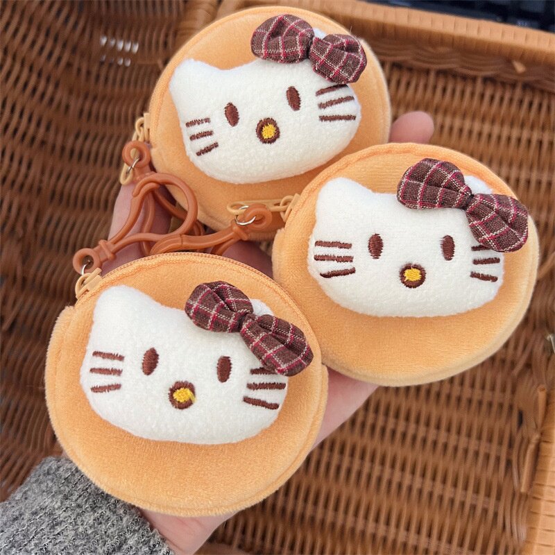 新款布艺蝴蝶结咖色kt猫小猫咪方形毛绒零钱包便携圆形耳机包卡包