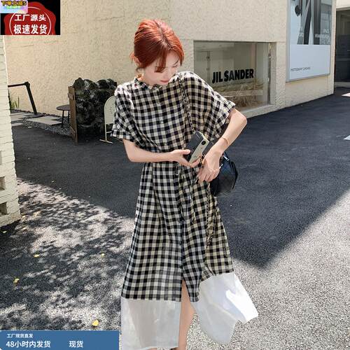 日系格子圆领拼接连衣裙女2025夏新款复古宽松休闲收腰显瘦衬衫裙