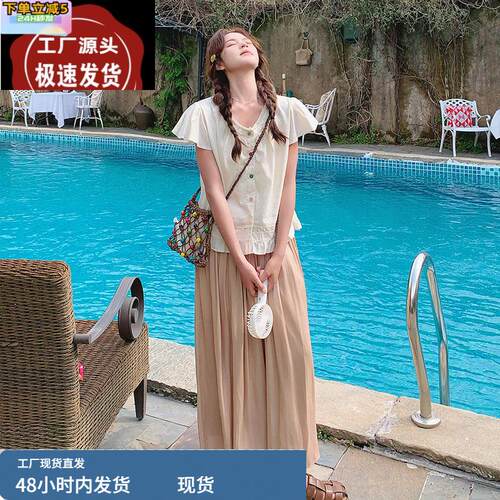 日系小飞袖花边衬衫阔腿裙裤两件套女2025夏季新款宽松减龄小个子