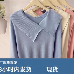 2026早春新款韩版翻领条纹针织衫女长袖套头减龄时尚百搭洋气上衣