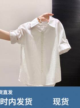 亚麻棉松弛感衬衫女2025夏季新款polo领休闲白色短袖防晒上衣