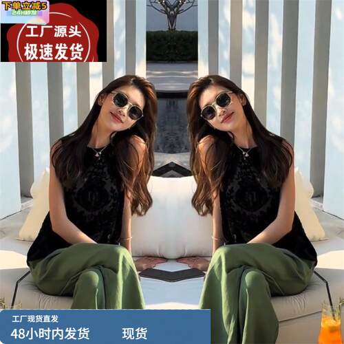 中式复古镂空钩花盘扣圆领无袖衬衫女2025夏季新款时尚百搭上衣潮
