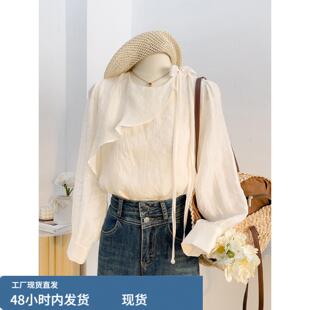 衬衣女款2026春季新款法式宽松圆领长袖衬衫荷叶边蝴蝶结气质上衣