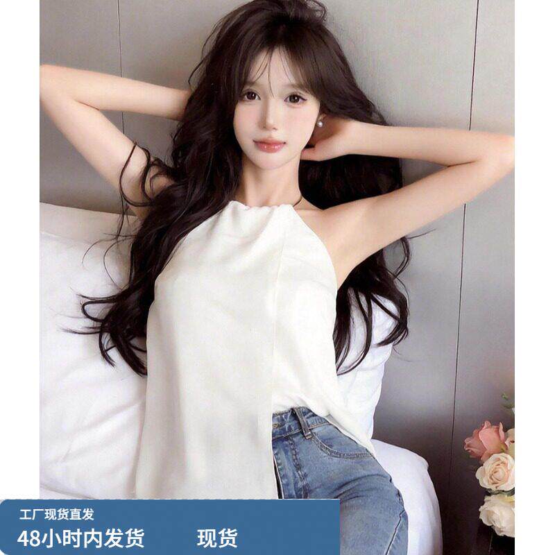 欧美风时尚气质金属项圈挂脖露肩雪纺衫女法式宽松设计感背心上衣