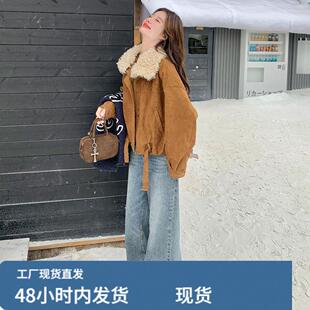 羊羔毛翻领咖色短款麂皮绒羽绒服女冬季超火好看高级小众加厚外套