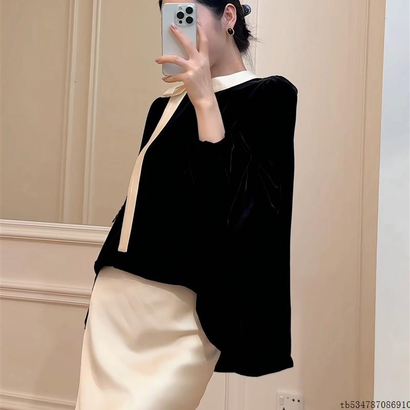 2025年秋季法式黑色丝绒长袖上衣女蝴蝶结系带高级感显瘦百搭内搭
