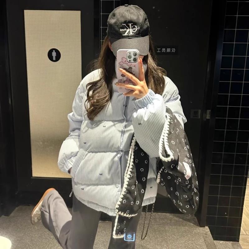 2025新款冬季条纹蝴蝶结棉服外套女小个子棉衣面包服加厚保暖棉袄