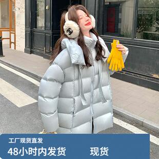 韩系chic蓝色连帽中长款泡芙羽绒服女冬超火好看高级小众加厚外套