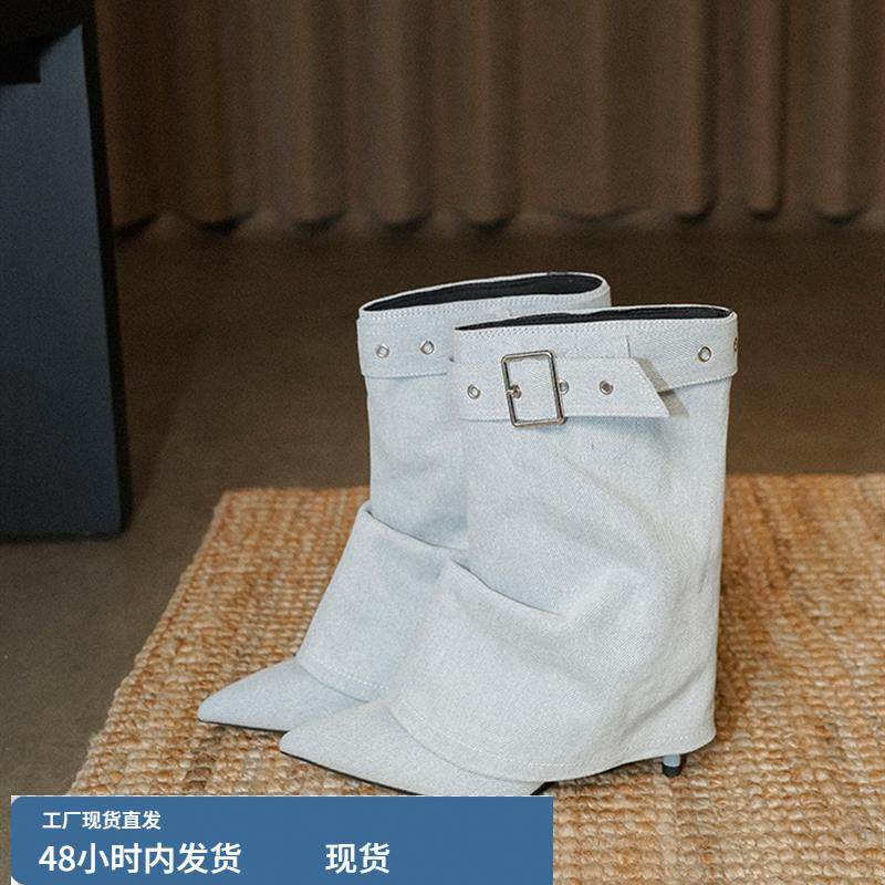 梨小七~皮带扣辣妹炸街小众皮带扣裤管靴女尖头显瘦高跟小短靴潮