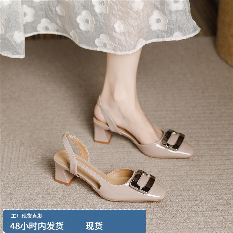 法式夏高跟鞋女粗跟方头包头后空凉鞋方扣配裙子中跟镂空浅口单鞋