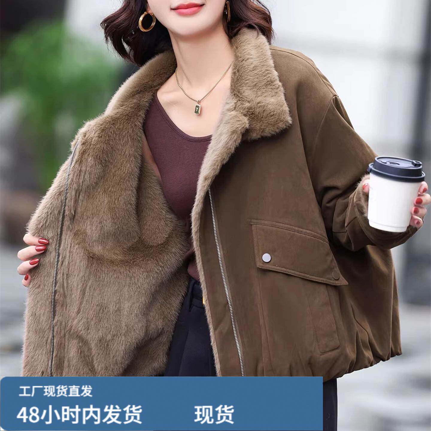 派克檰服冬新款宽松胖MM大尺码女装纯檰衣妈妈装羊羔芼加戎加厚外