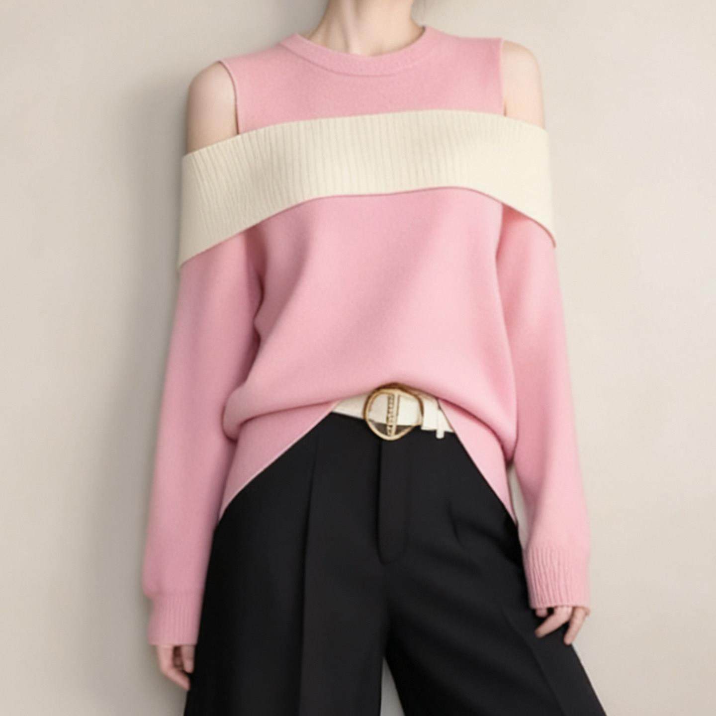 韩系chic绝美粉色拼色圆领露肩毛衣针织衫女秋季新款百搭洋气上衣,模玩/动漫/周边/娃圈三坑/桌游,Cosplay女装/cos女装,淘宝优惠券,粉丝福利购,淘宝优惠卷