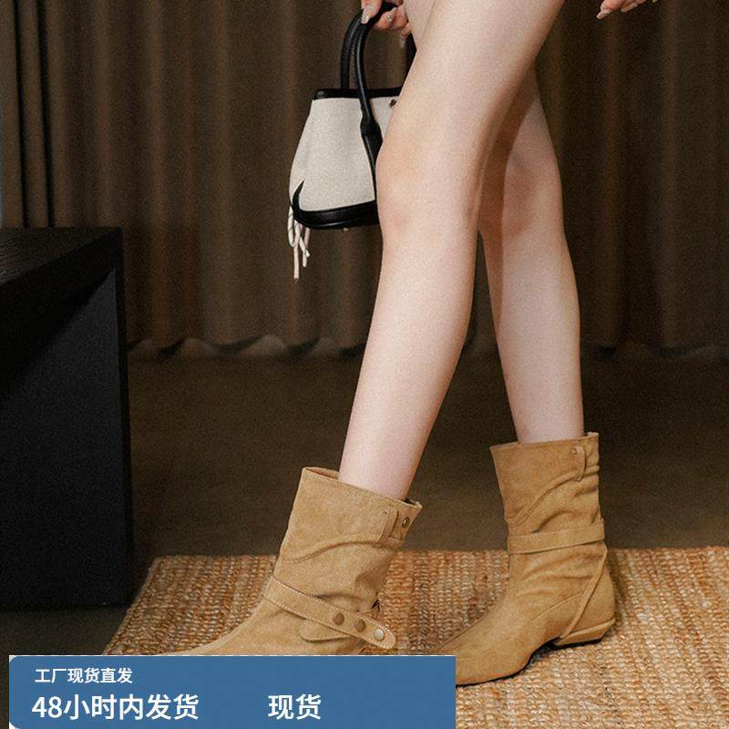 梨小七~小方头真皮皮带扣西部靴女低跟覆古百搭宽筒显瘦小众短靴