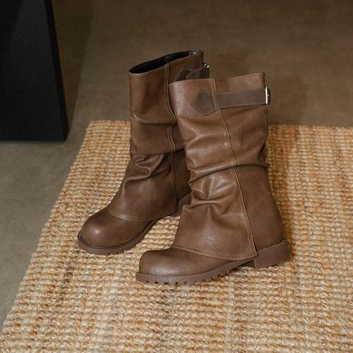 梨小七~甜酷风真皮圆头显瘦裤管靴女炸街圆头百搭粗跟时尚西部靴