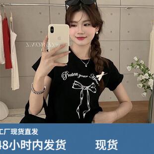 蝴蝶结印花正肩短袖t恤女夏季韩系大尺码微胖修身显瘦短款黑色上