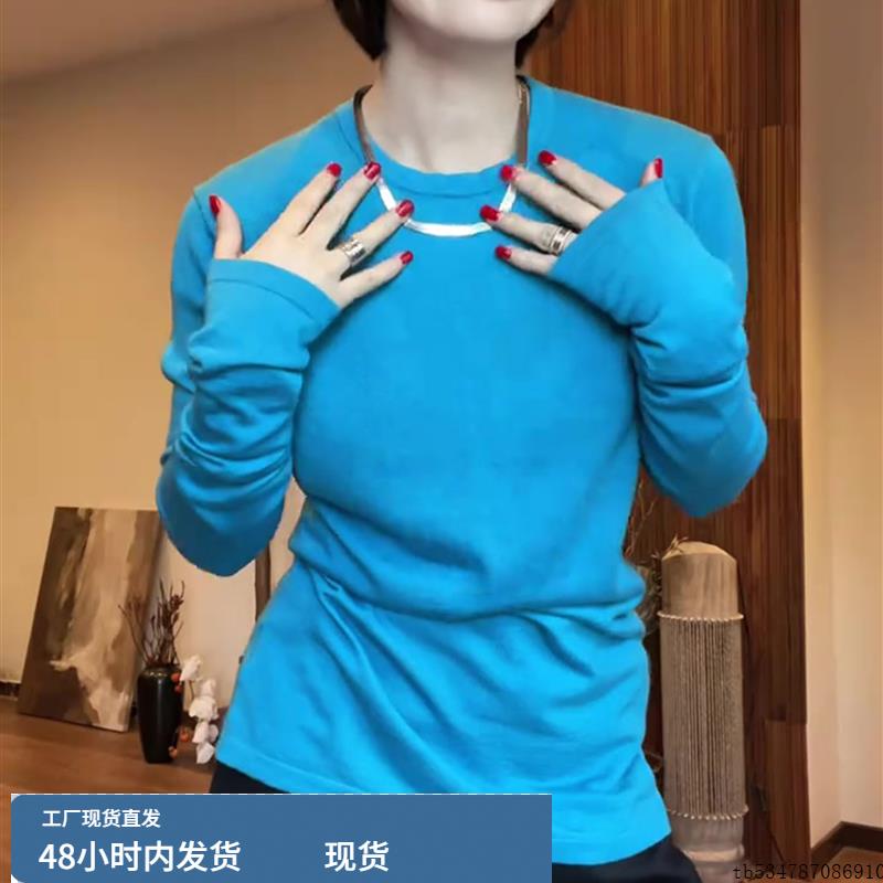 纯色长袖t恤女2025秋季新款韩版圆领堆堆袖修身微透打底衫上衣ins
