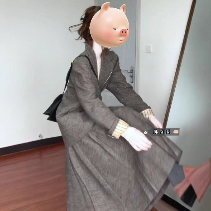 韩系秋季文艺大码套装复古风显瘦百褶女毛呢西装外套收腰长裙