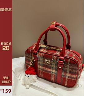 南风chio红色呢格枕头包包女夏季 高级感手提包单肩斜 2025新款