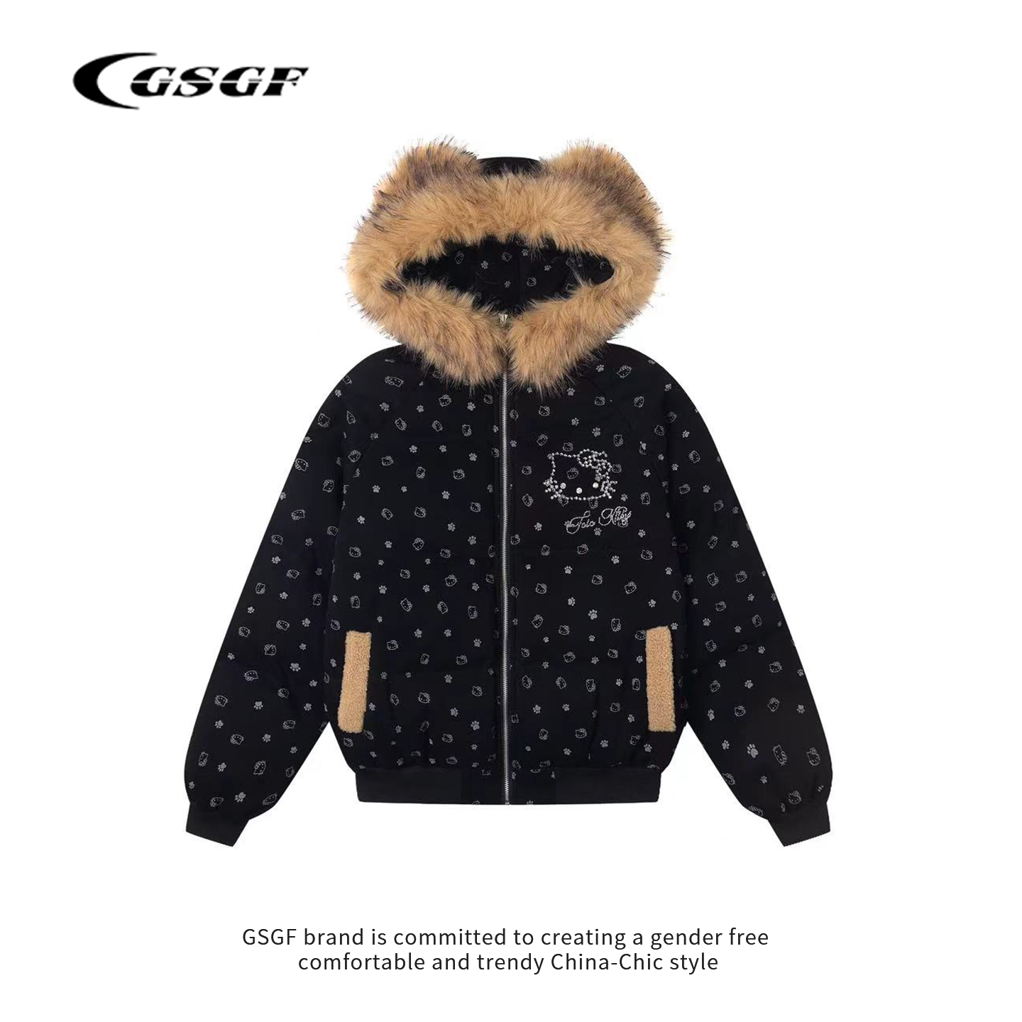 GSGF原创钉珠凯蒂猫毛领立耳棉服