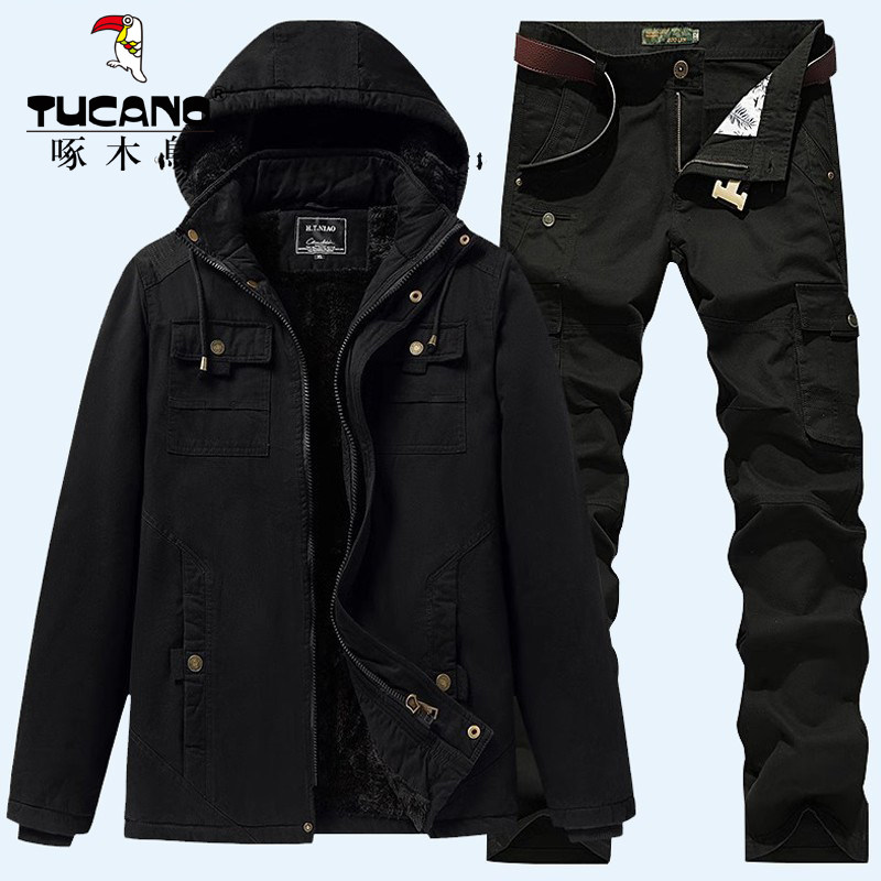 啄木鸟纯棉服工作服套装军事风衣工装户外套男装冬季加绒加厚战术