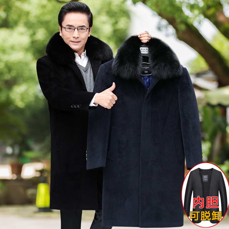 啄木鸟中老年冬装外套男毛呢大衣中长版爷爷加绒加厚呢子60岁棉衣