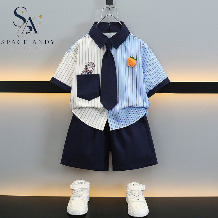 法国SA男童夏季衬衫套装学院风衬衫2026男孩领带西装礼服两件套