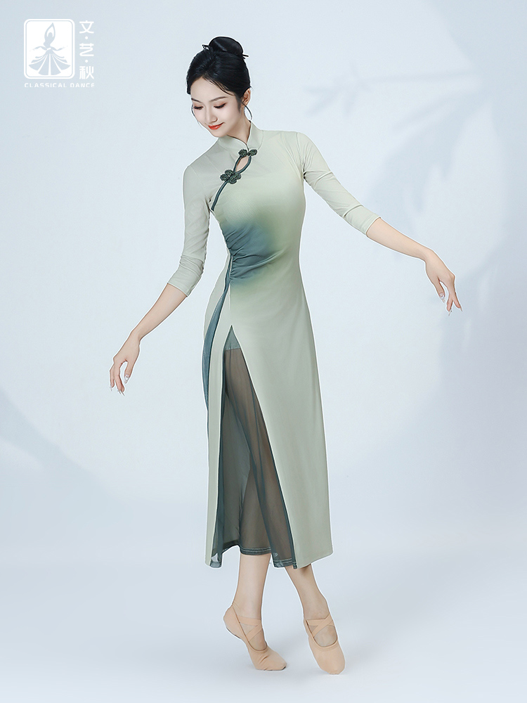 秋冬新款古典舞弹力开叉改良旗袍舞蹈服飘逸民族中国舞练功演出服
