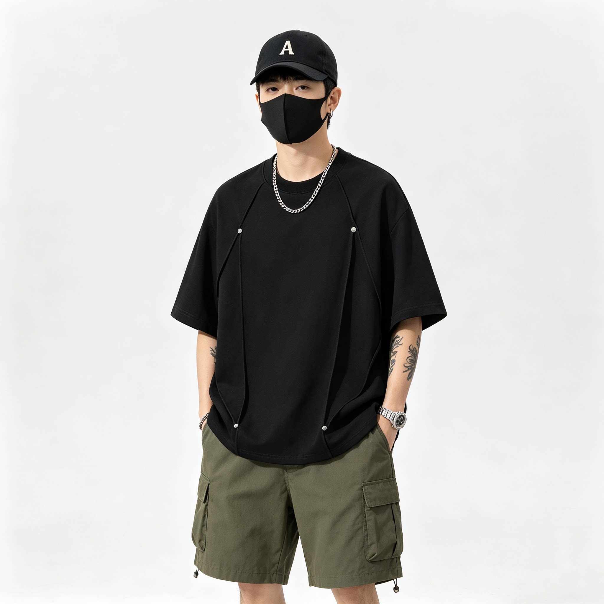 男生夏季潮牌设计感不规则纯色简约帅气休闲圆领短袖T恤