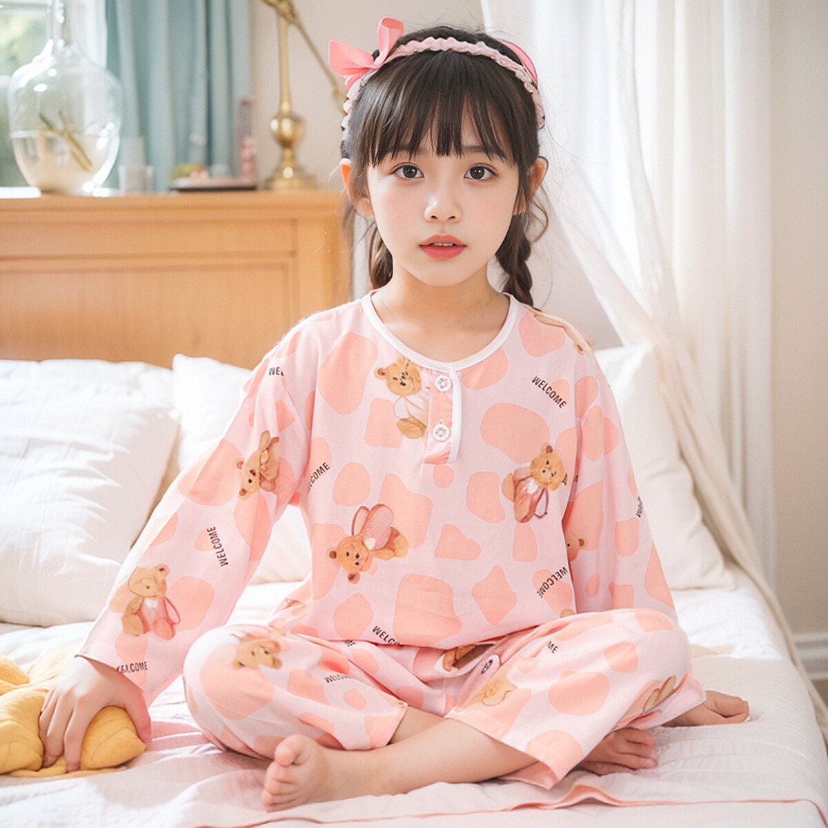 儿童棉绸睡衣男童夏季薄款空调服绵绸女童家居服卡通宝宝小孩长袖