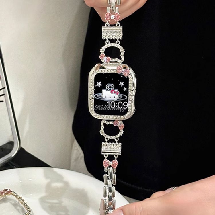 适用新款闪钻猫咪金属适用苹果手表iwatch9/s10表带87654se可爱