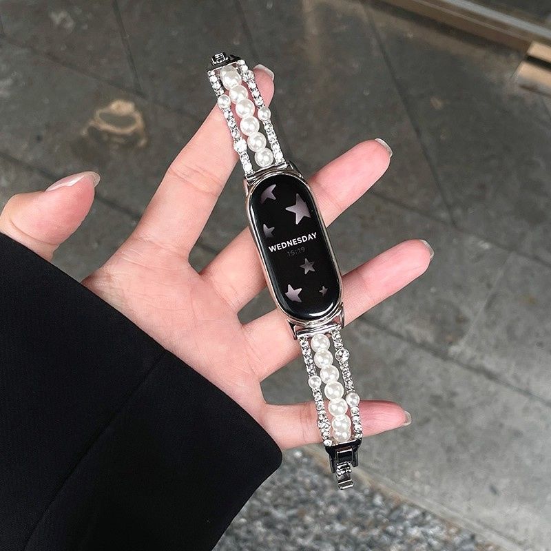 适用小米手环10/9pro镶钻拼珍珠表带华为fit4/vivo/OPPO/苹果S10