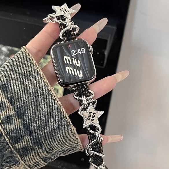 适用高级感星星吊坠牛仔华强北表带适用于苹果手表s9s78SE2watch5