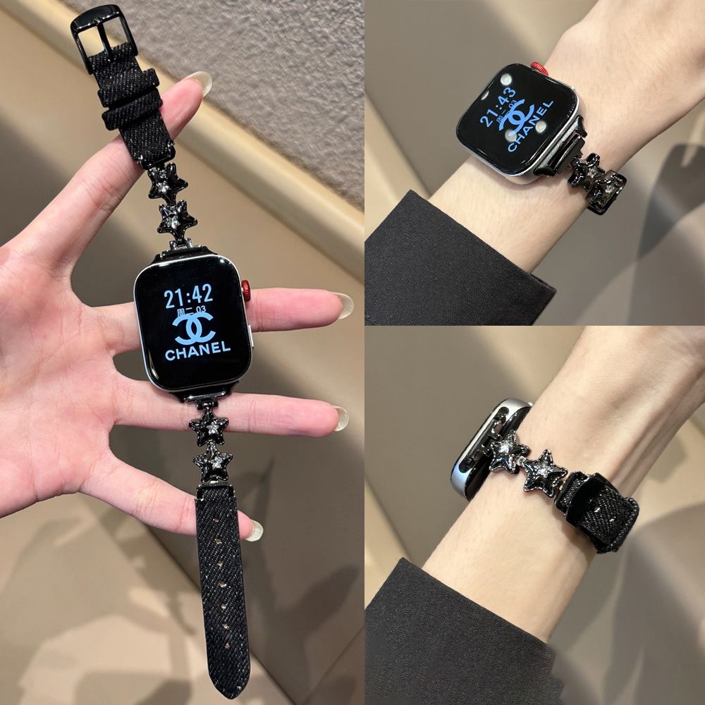 闪钻星星牛仔皮质适用华为FIT4手表带fit32新款小米手环98pro女士