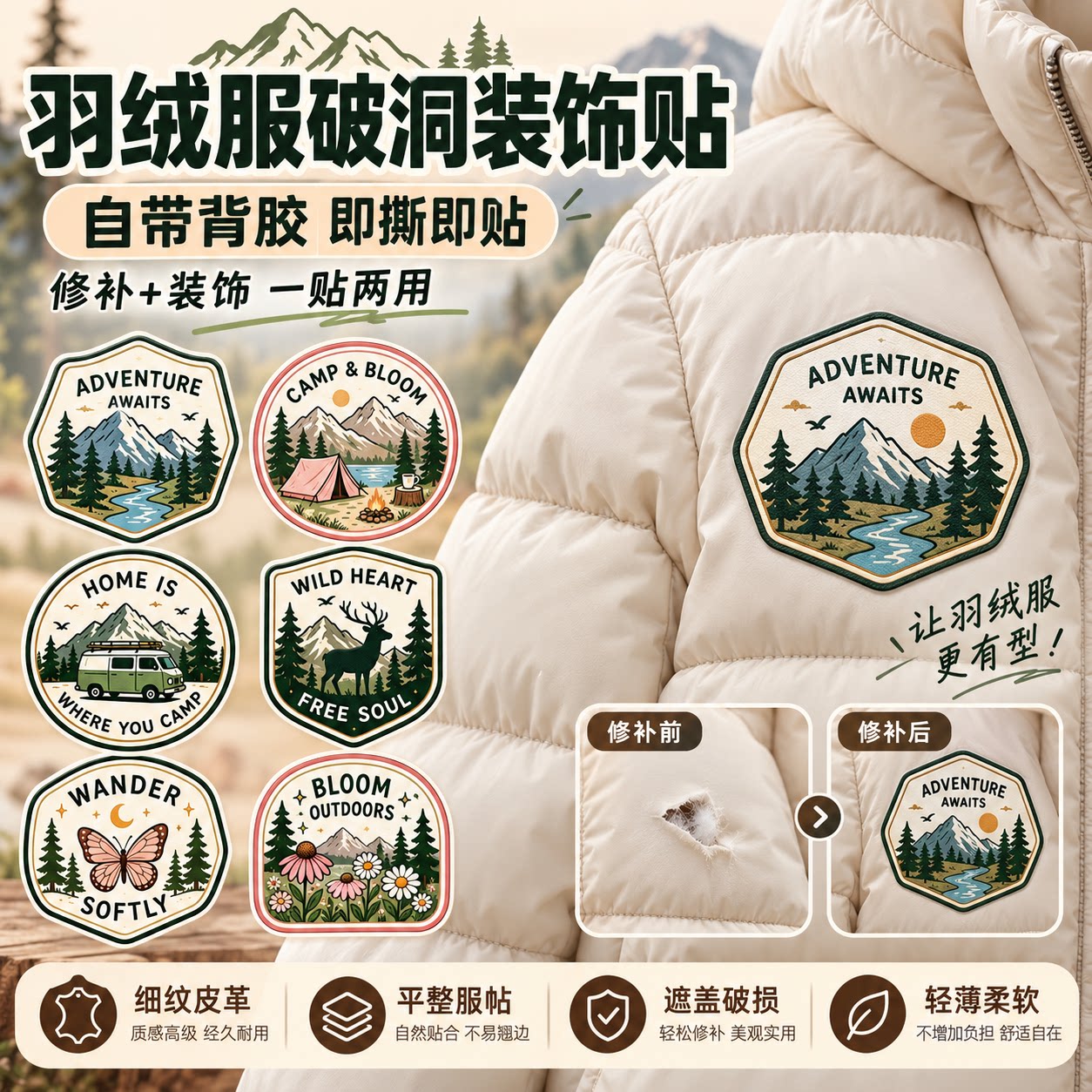 服装破洞修补贴羽绒服自粘免缝补丁衣服装饰贴细纹皮革防水耐磨款