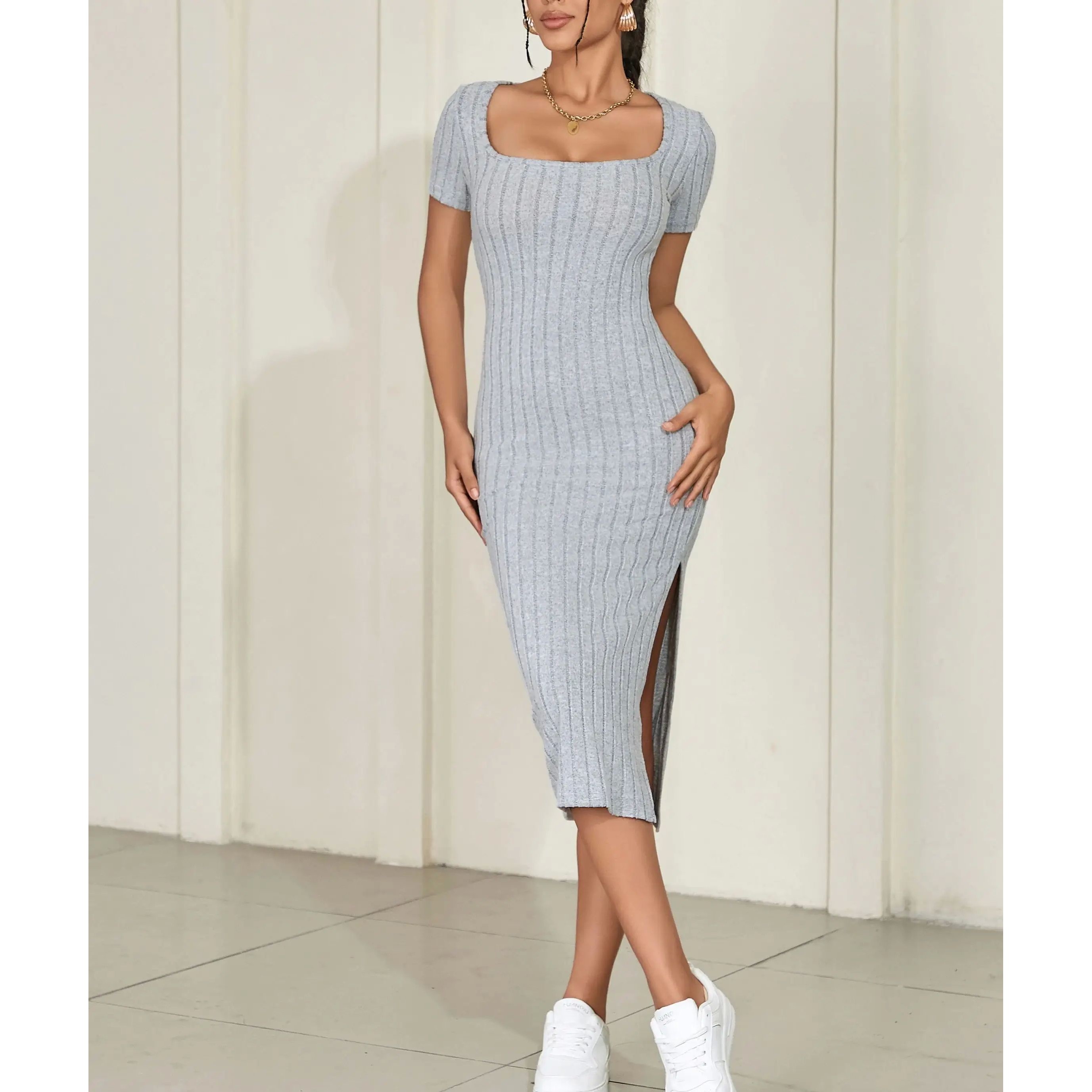 Square neck slim fit side slit skirt方领修身包臀裙侧边开叉裙