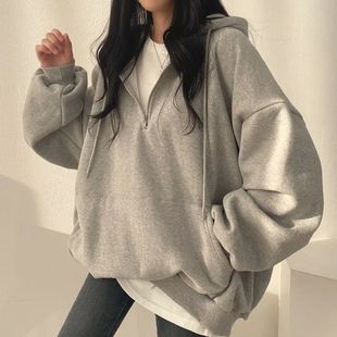 Solid color half zip fleece hoodie women女纯色半拉链加绒卫衣