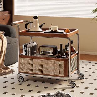 实木边几中古小推车可移动茶几客厅沙发边柜零食置物架藤编收纳层