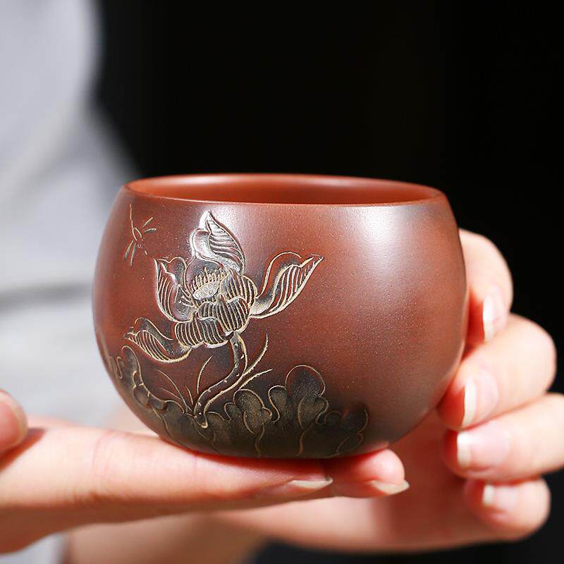 广西钦州坭兴陶茶杯功夫茶道茶具手工雕刻荷花主人杯紫砂建水工艺