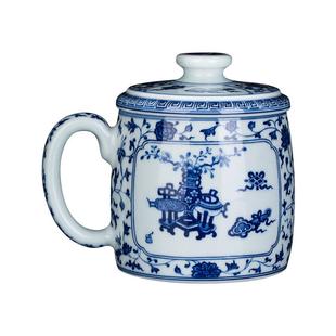 景德鎮(zhèn)青花柴窯纏枝博古紋帶蓋辦公杯泡茶杯水杯 鐘家窯陶瓷茶杯