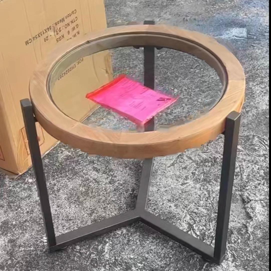 外贸出口原木风格民宿软家具锻铁玻璃咖啡桌沙发边桌小圆桌